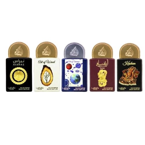 SET LATTAFA PRIDE X0.67 OZ ( 5 PC )NEBRAS /ART OF WOOD / ART OF UNIVERSE /ANSAAM GOLD / KASHAN